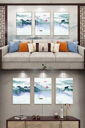 蓝色水墨三连装饰画素材下载-众图网