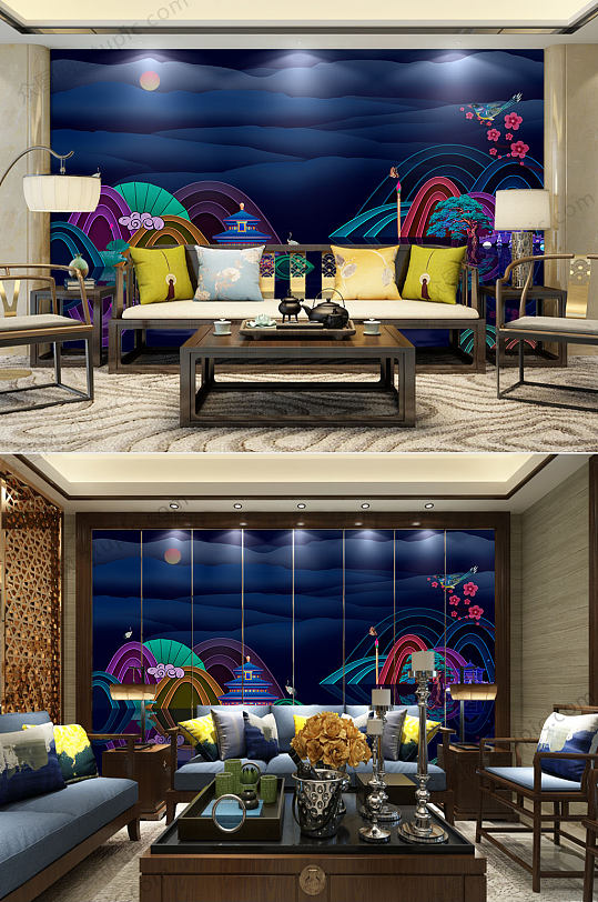 新中式写意背景墙-众图网