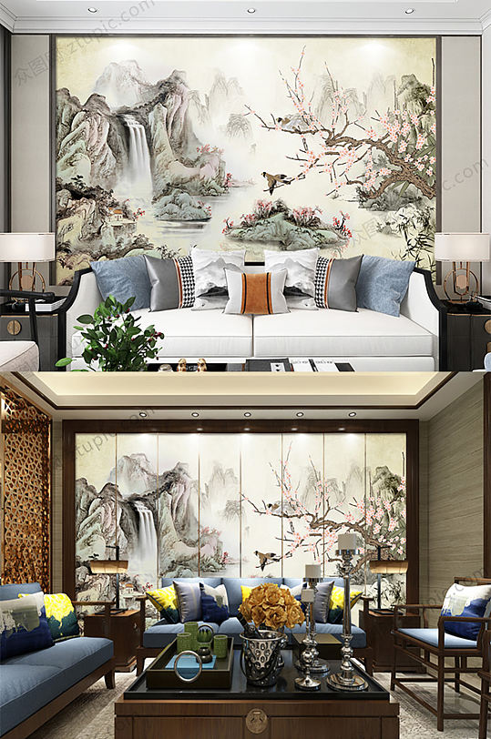 山水花鸟图背景墙-众图网