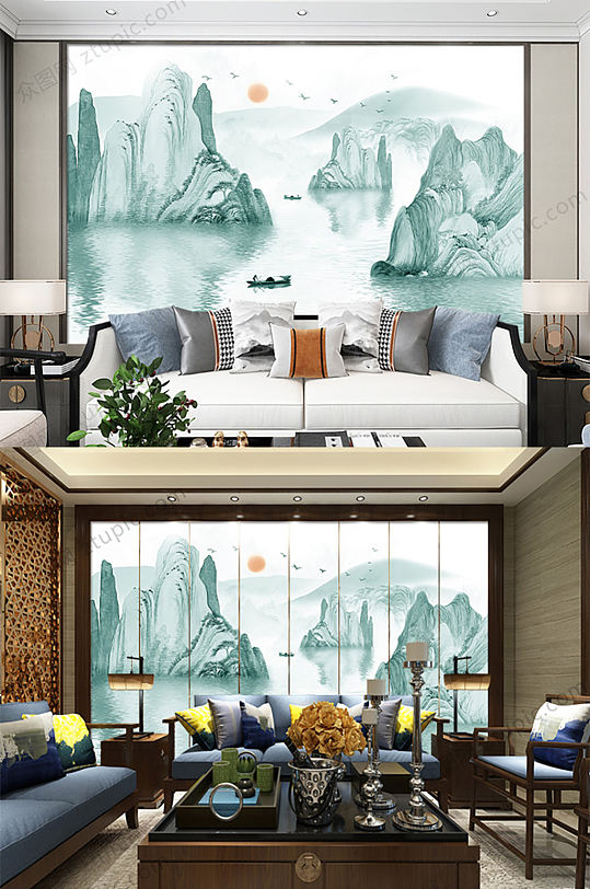 蓝色抽象山水背景墙-众图网