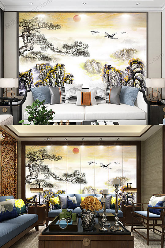 中式仙鹤山水背景墙-众图网