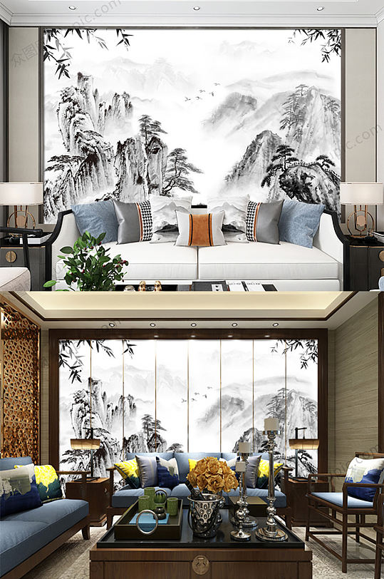黑白水墨山水背景墙-众图网