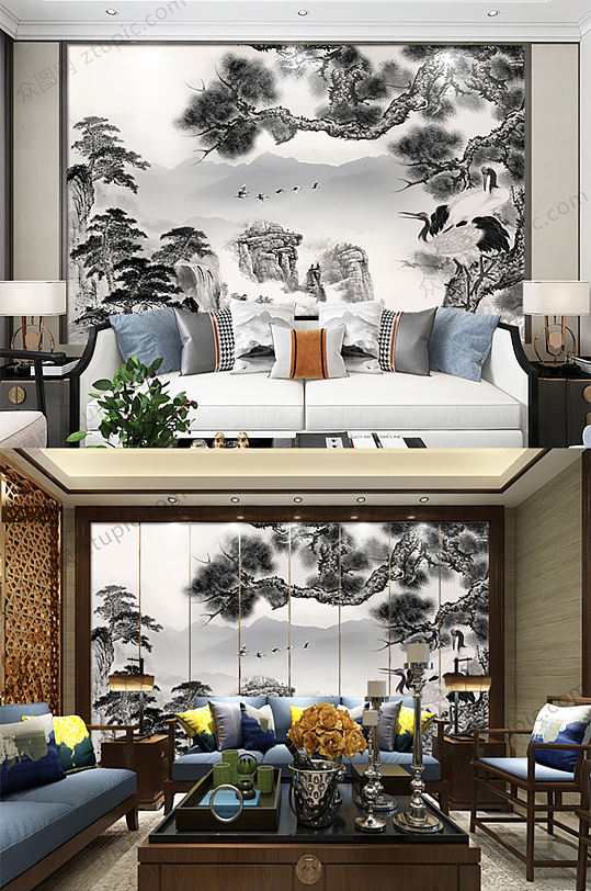 仙鹤山水背景墙-众图网