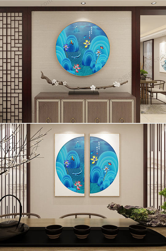 新中式蓝色唯美装饰画-众图网