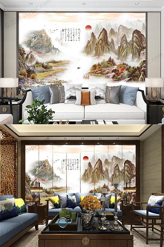 中国风山水电视背景墙-众图网