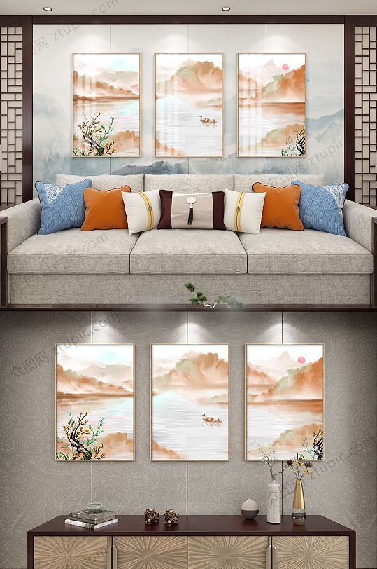 大气山水三联装饰画-众图网
