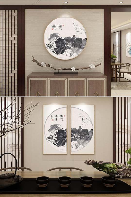 禅意墨荷玄关装饰画-众图网