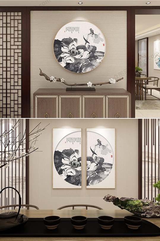 水墨花鸟玄关装饰画-众图网