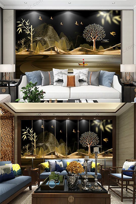 新中式金色山水背景墙-众图网