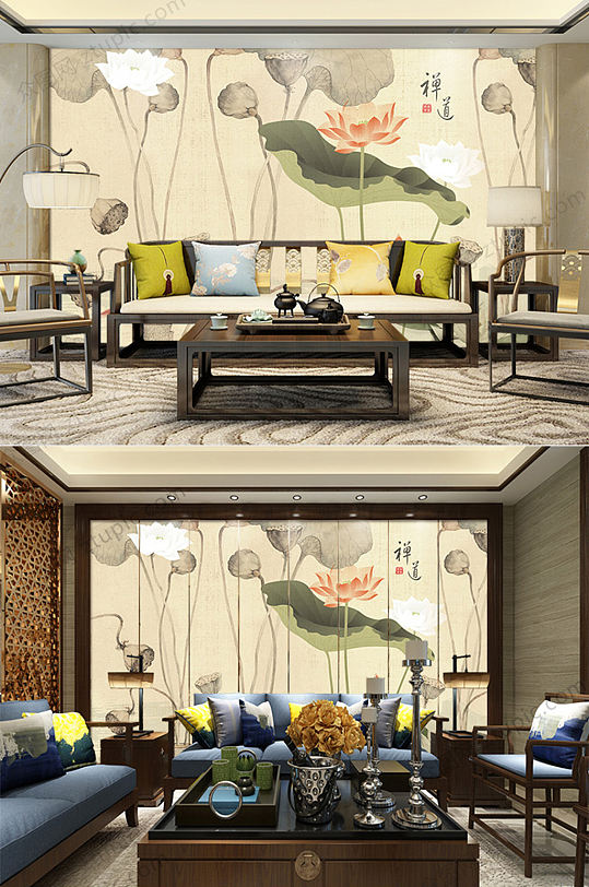 中国风荷花电视背景墙-众图网