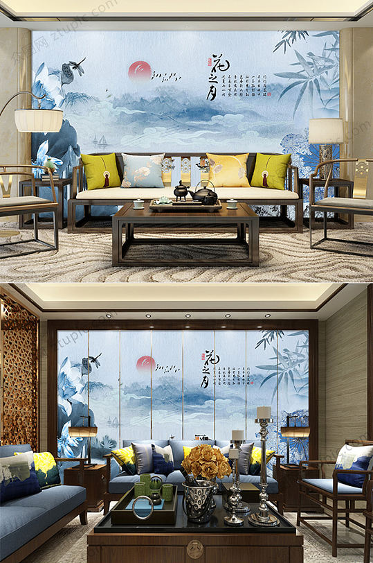 意境荷花山水背景墙-众图网