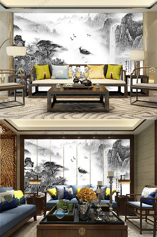 中国水墨画电视背景墙-众图网