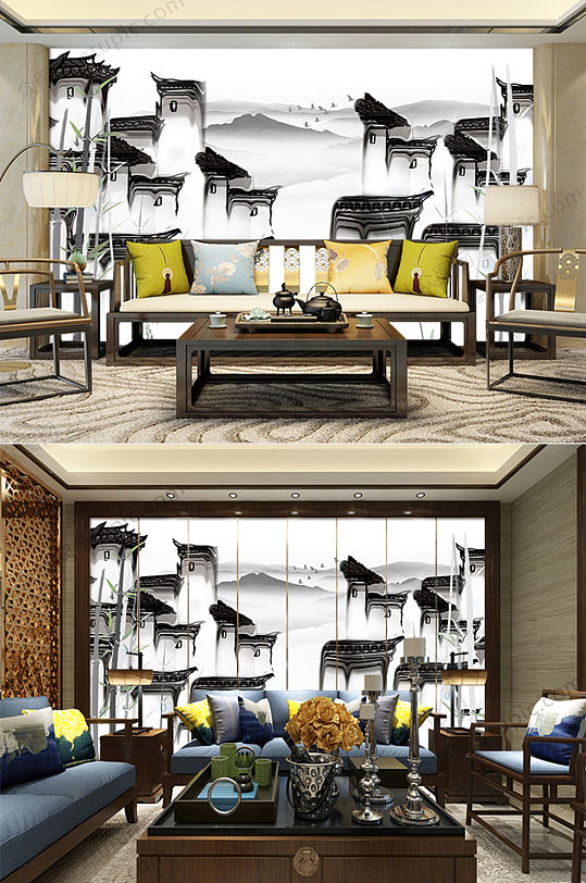 江南风情水墨背景墙-众图网