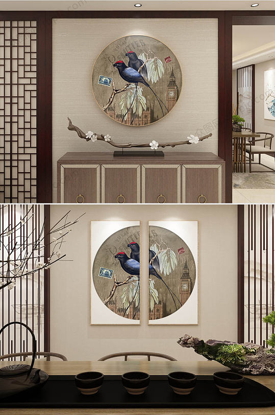 工笔花鸟圆形两联装饰画-众图网