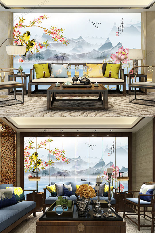 清新中式花鸟图背景墙-众图网