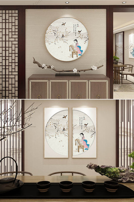 淡雅中国风圆形两联装饰画-众图网
