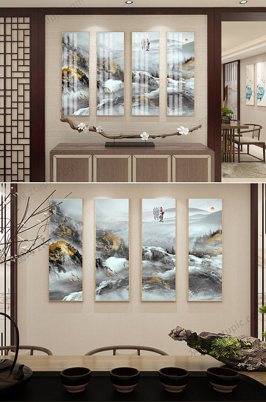 新中式金箔山装饰画-众图网