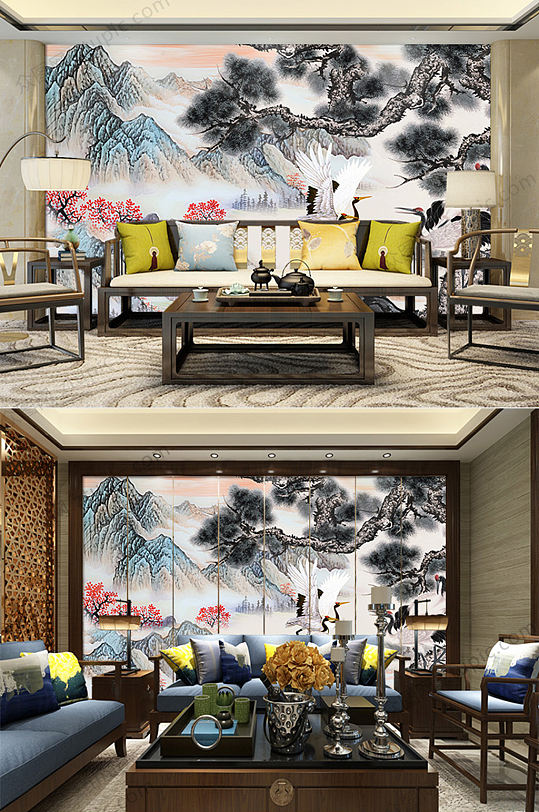 中国风松鹤延年背景墙-众图网