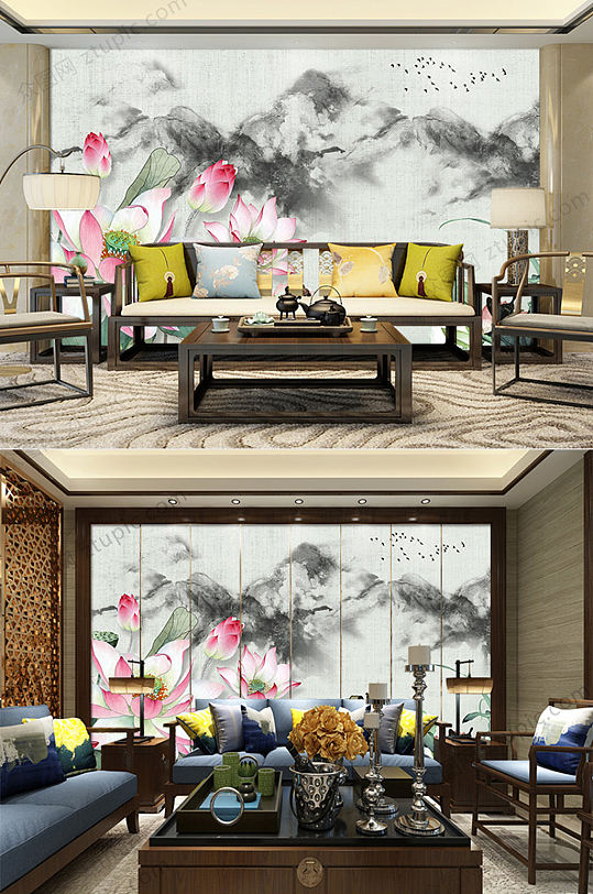 中式荷花水墨背景墙-众图网