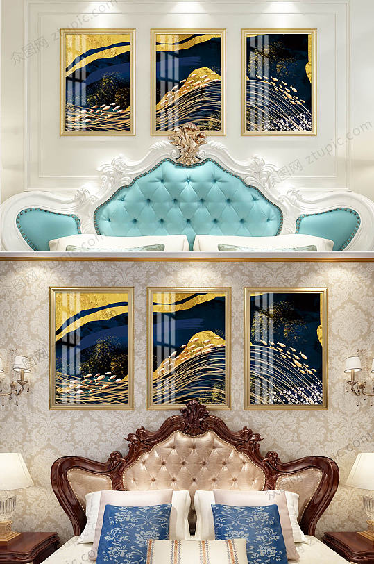 轻奢大气蓝鎏金装饰画-众图网