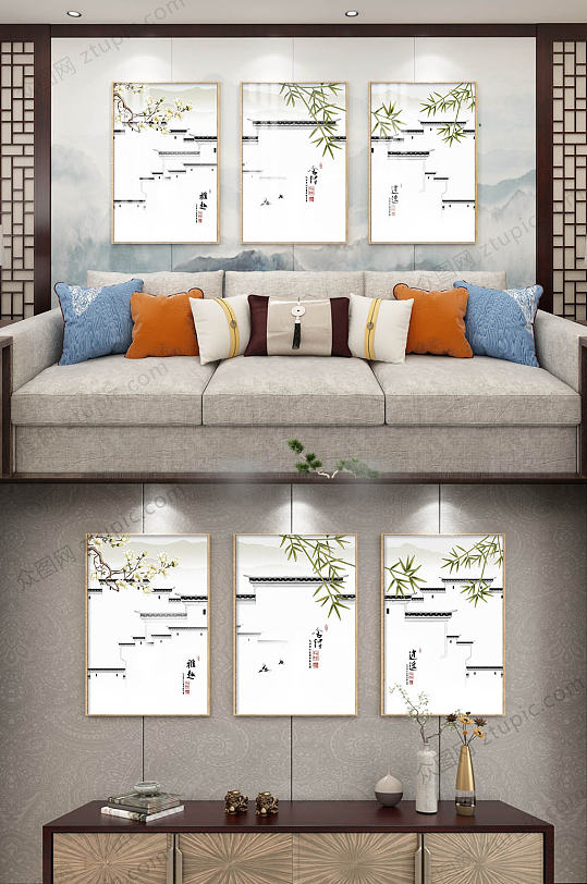 古朴庭院水墨装饰画-众图网