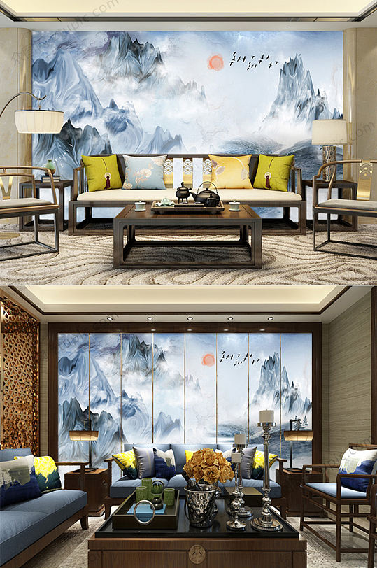 意境抽象山水画背景墙-众图网