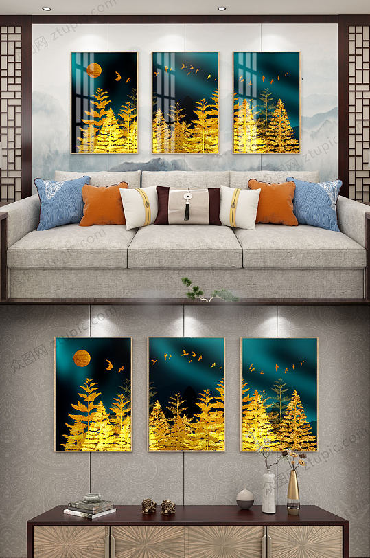 新中式金箔树装饰画-众图网