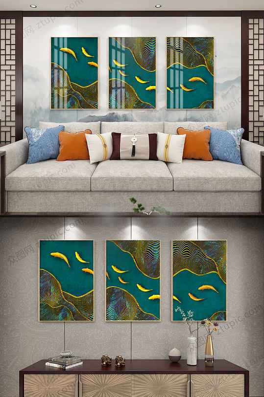 中式黄金鱼装饰画-众图网