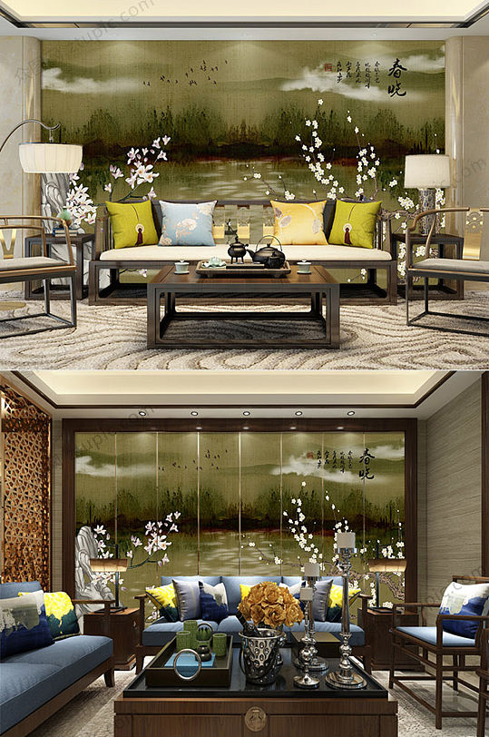 新中式山水画电视背景墙-众图网