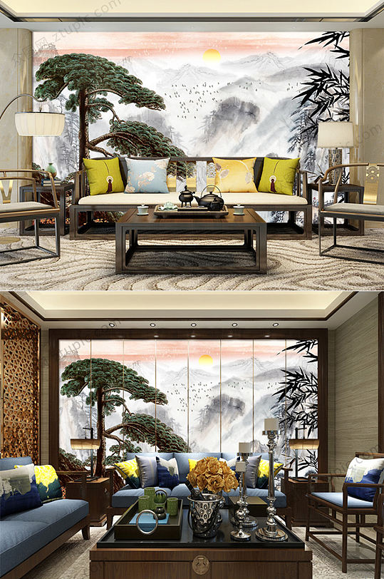 中国画松树背景墙-众图网