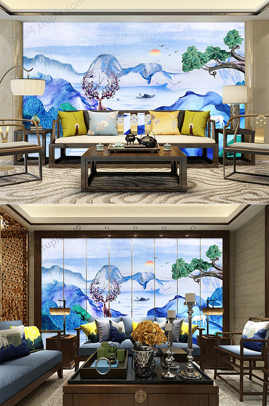 创意新中式山水背景墙-众图网