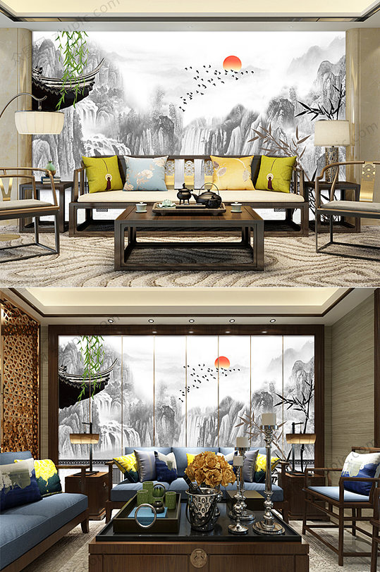 中国风山水电视背景墙-众图网