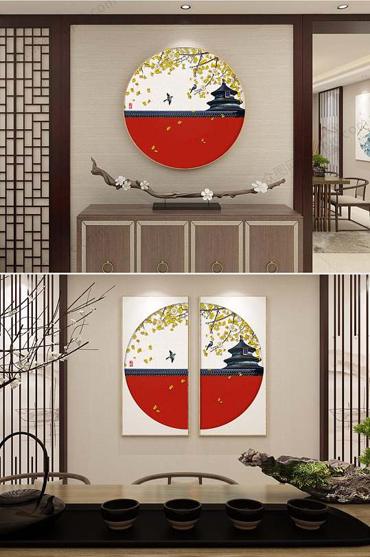 中式意境圆形装饰画-众图网