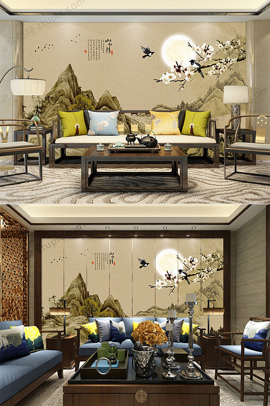 仿古水墨山水背景墙-众图网