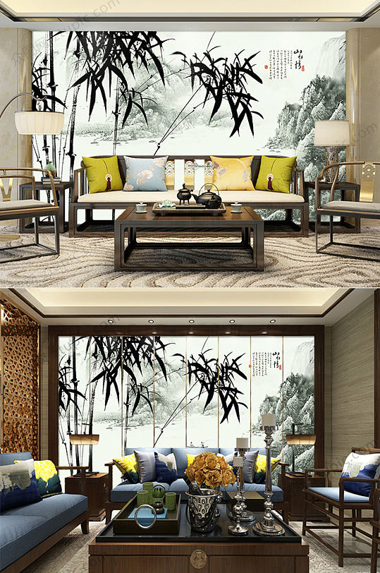 中式竹林山水画背景墙-众图网