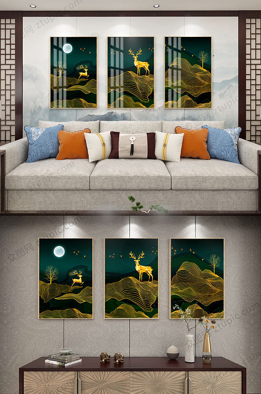 新中式简约线条装饰画-众图网