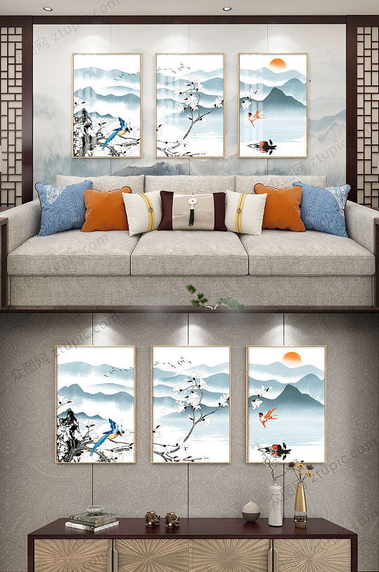 中式水墨山水装饰画 大气山河图-众图网