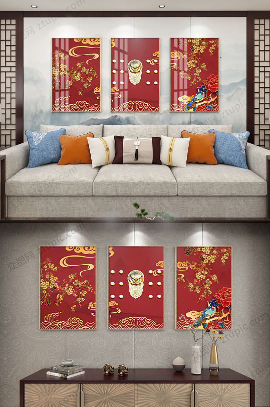 红色大气中式装饰画-众图网