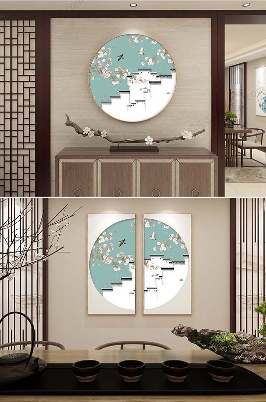 现代清新花鸟建筑装饰画-众图网