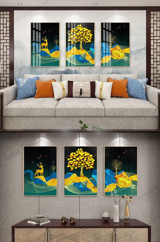新中式大气三联装饰画-众图网