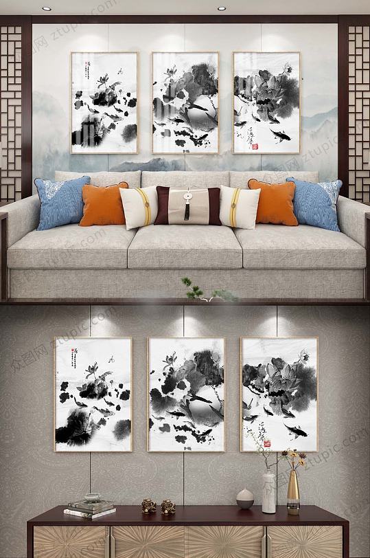 国风泼墨莲花戏鱼装饰画-众图网