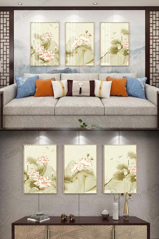 中式荷花三联装饰画-众图网