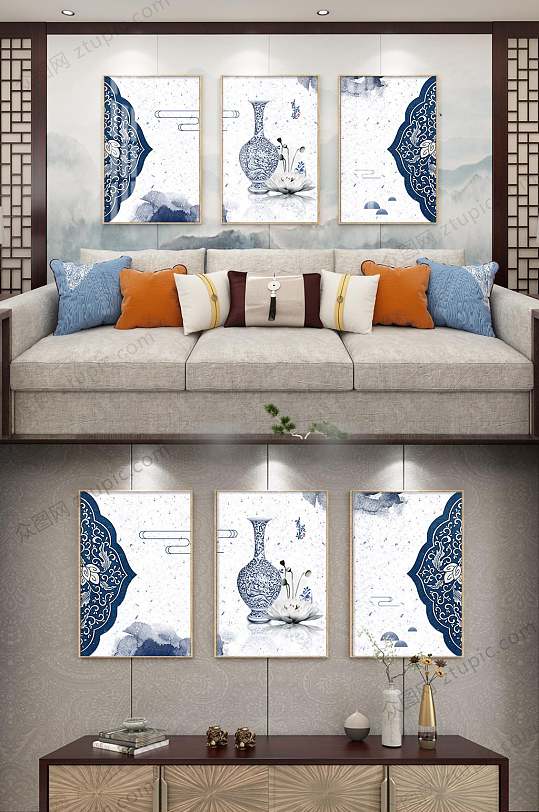 中式青花瓷三联装饰画