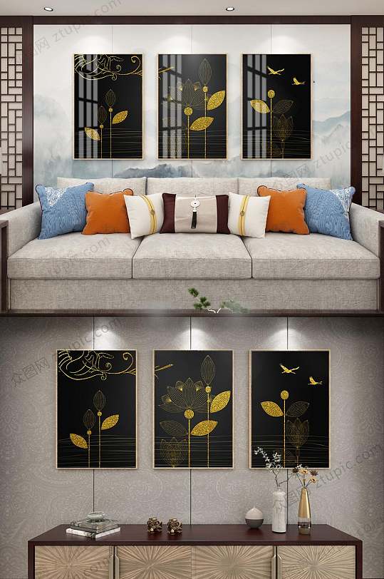 简约金箔荷花装饰画-众图网