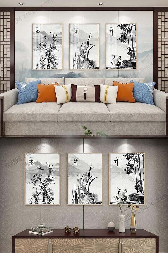 中式梅兰竹三联客厅沙发有框装饰画-众图网