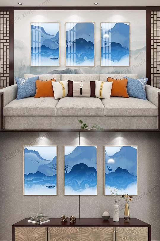 蓝色创意水墨装饰画-众图网