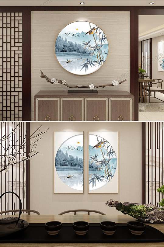 中国风意境圆形有框装饰画