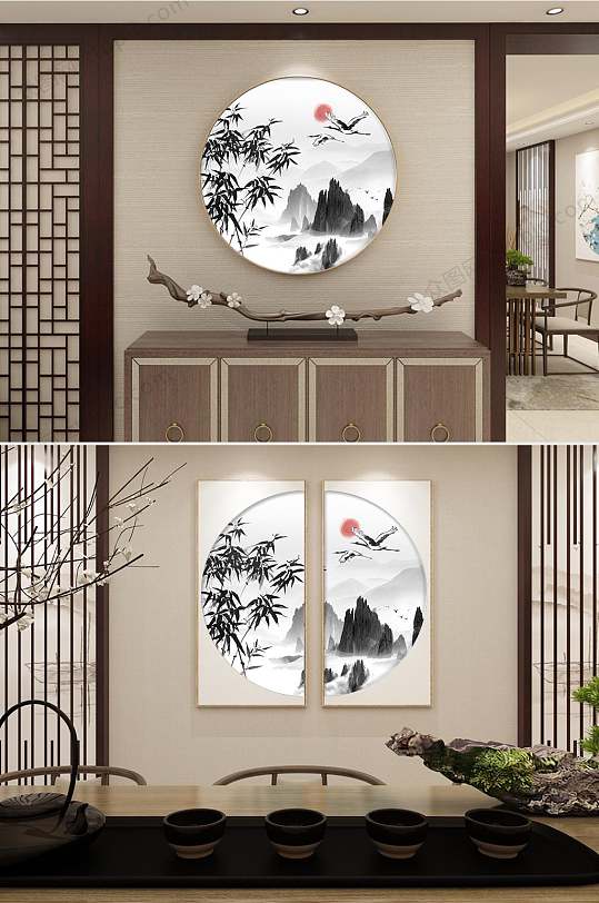 中国风山水圆形客厅有框装饰画-众图网