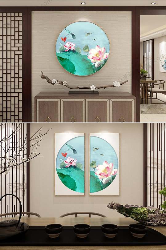 中国风蓝色荷花客厅有框装饰画-众图网