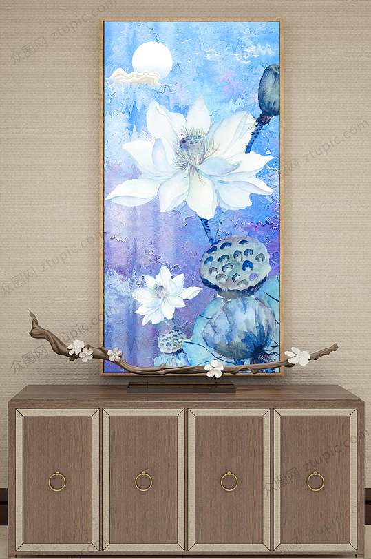 藍(lán)色荷花油畫裝飾畫